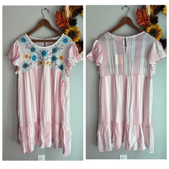 Blu Pepper Womens Floral Embroidered Striped Mini Dress 2XL White - Picture 1 of 11